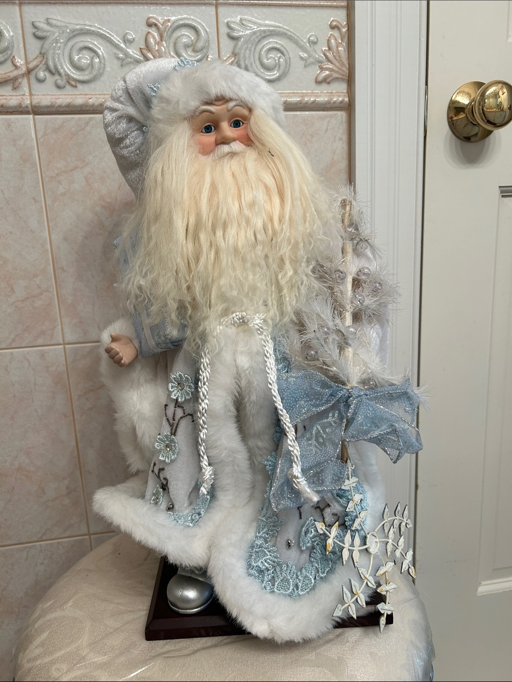 Holiday Santa Figurine in Light Blue and White - Decorative Winter Home Accent